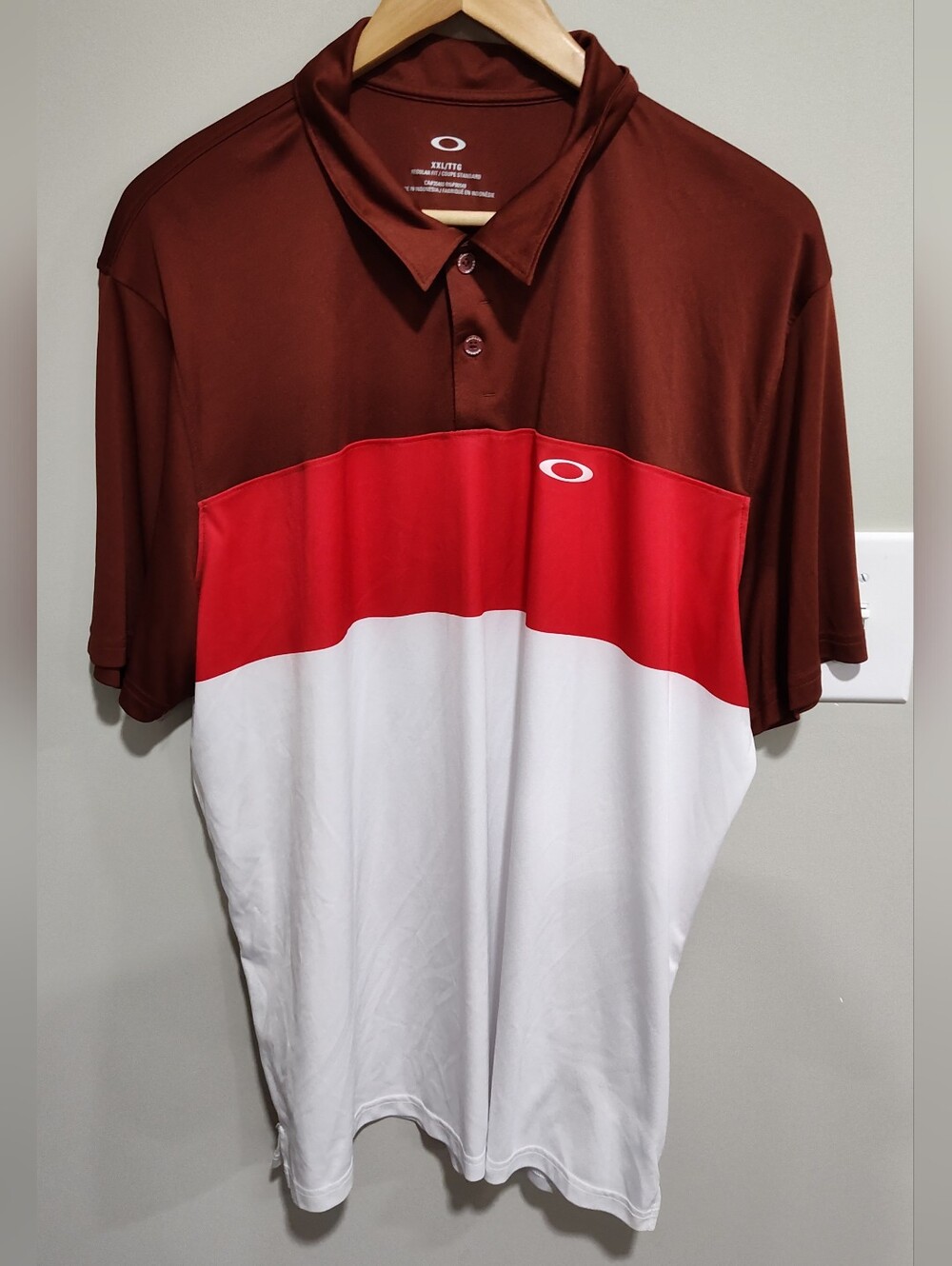 Oakley Men's Brown Red White Colorblock Polo Golf Shirt XXL Short Sleeve